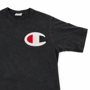 Vintage Y2K Champion Streetwear T-Shirt L Faded Distressed Patch Logo Tee Black